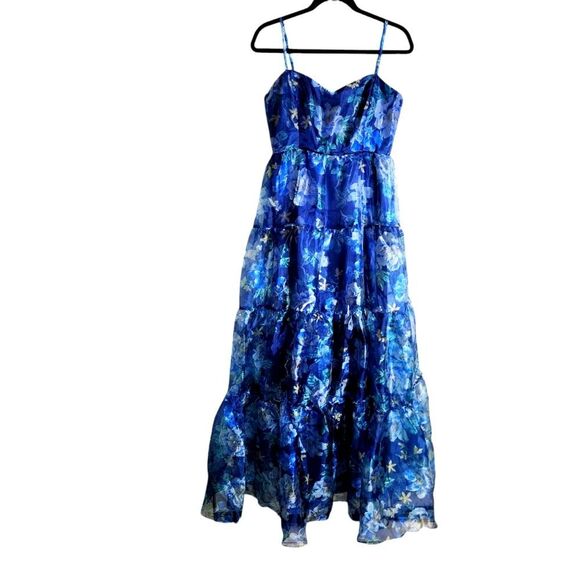 Lulus Floral Organze Maxi Dress M  Mesh Tiered Overlay Bone Corset Nwt - Picture 1 of 7